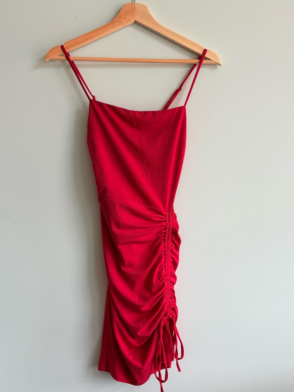 Red Ruched Side-Drawstring Slip Dress - Picture 1 of 6